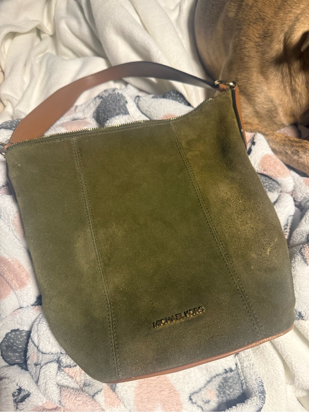 Michael Kors Olive Green Suede Shoulder Bag